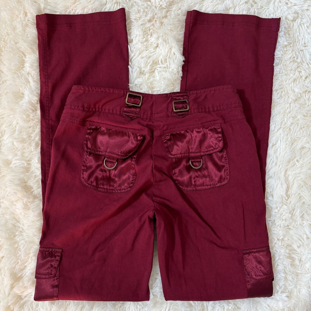 Burgundy Cargo Pants with Satin Trim and Buckle Detail